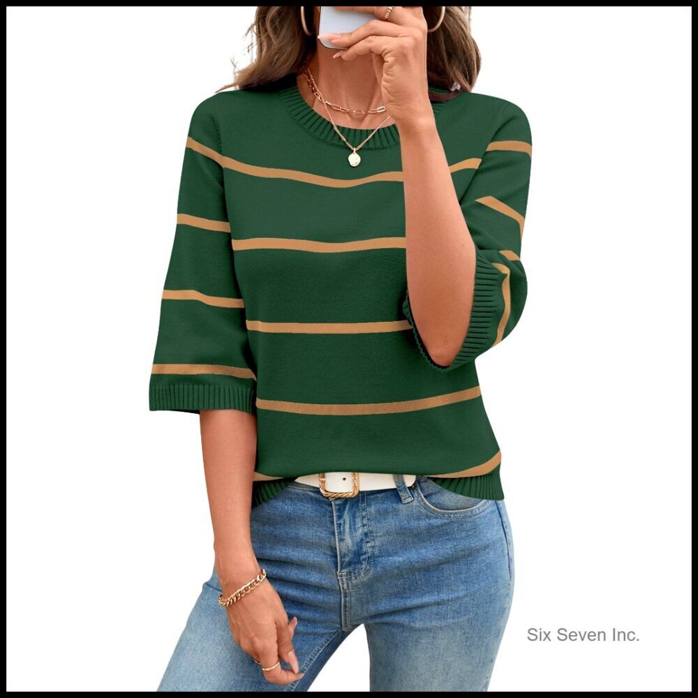 Crew Neck Striped Pullover Sweater Lightweight Knit Casual Fall Trendy Tops